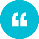 Blue circle icon with white quotation marks in the center.